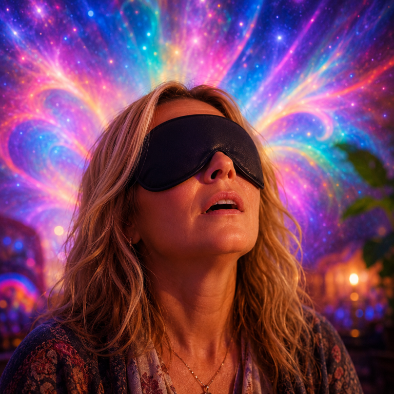 Person wearing an eye mask against a colorful background