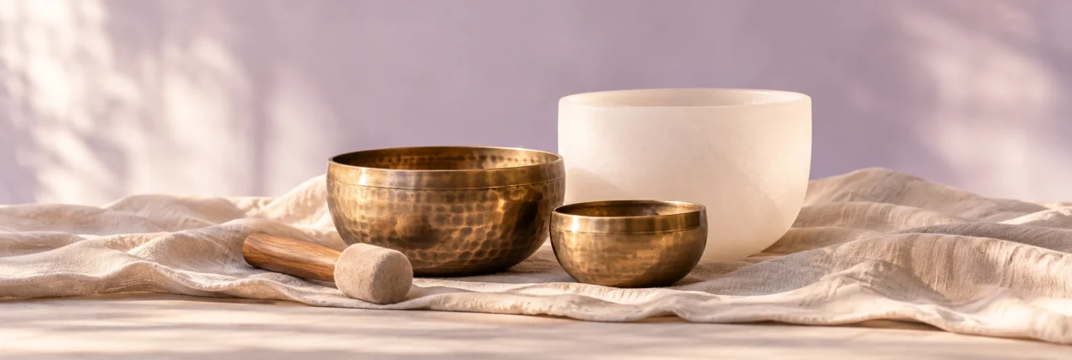 Bronze and crystal singing bowls resting on softly folded linen.